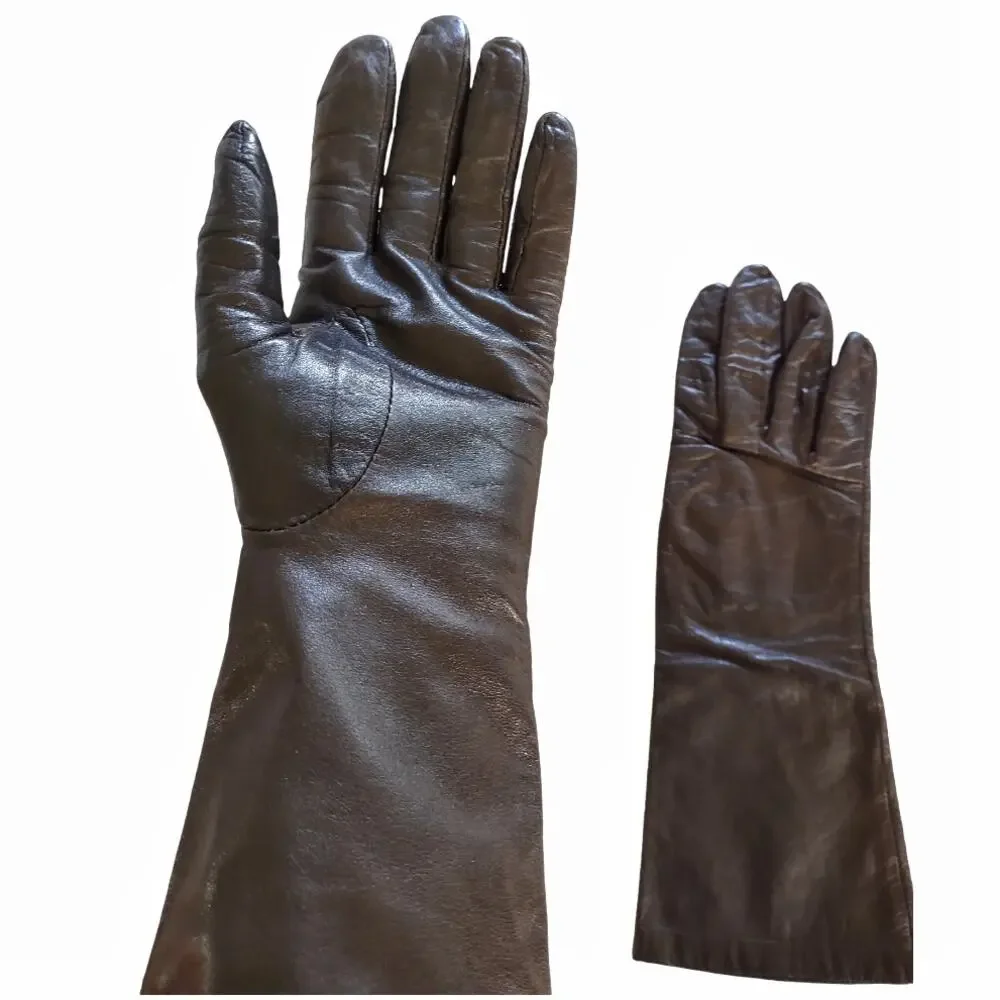 Vintage Leather Gloves Brown 3/4 Length Retro Accessories Size Large Winter Wear